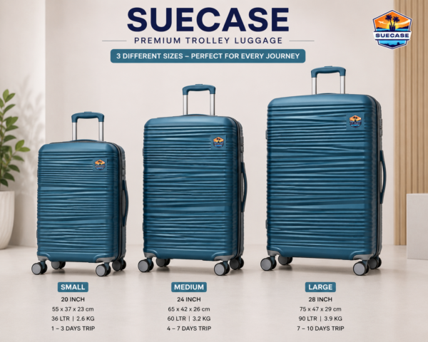 SUECASE Teal Blue Collection – Premium Hard Shell Trolley Luggage